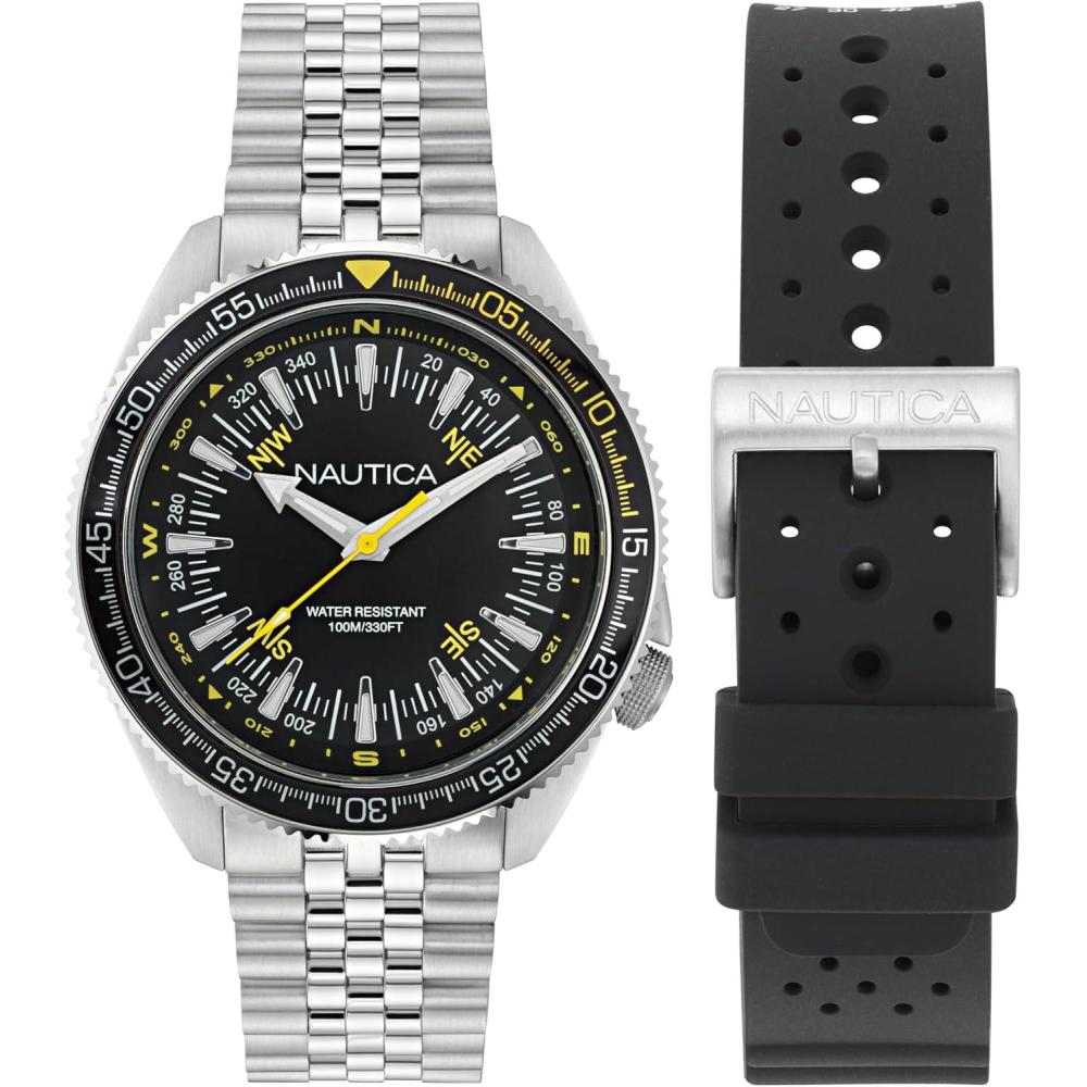 imageNautica Vintage Mens WatchSilverBlack SiliconeBlack