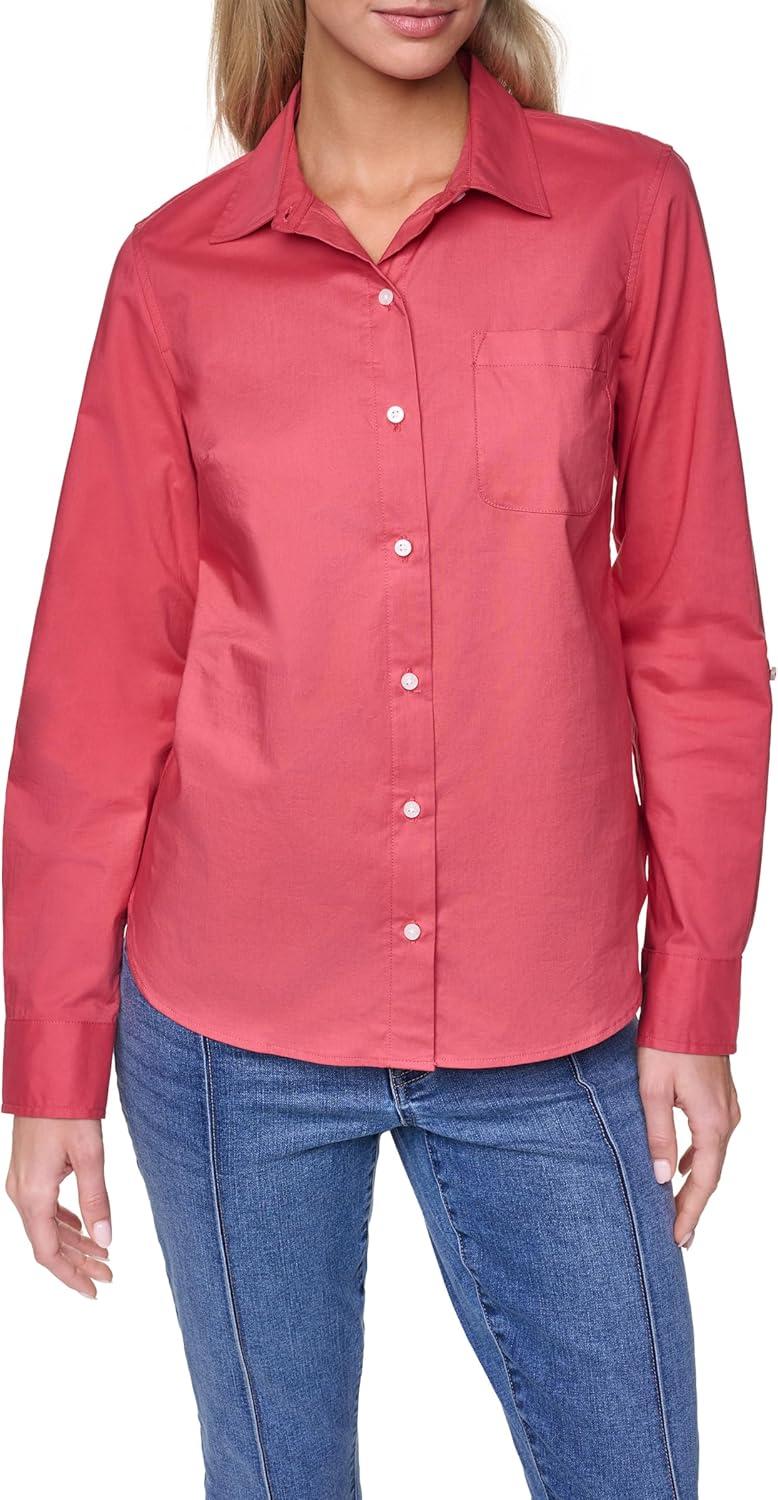 imageNautica Womens Button Front Long Sleeve Roll Tab ShirtMineral Red
