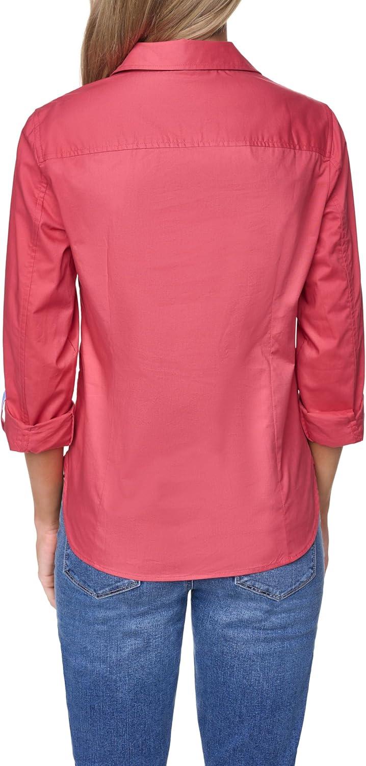 imageNautica Womens Button Front Long Sleeve Roll Tab ShirtMineral Red