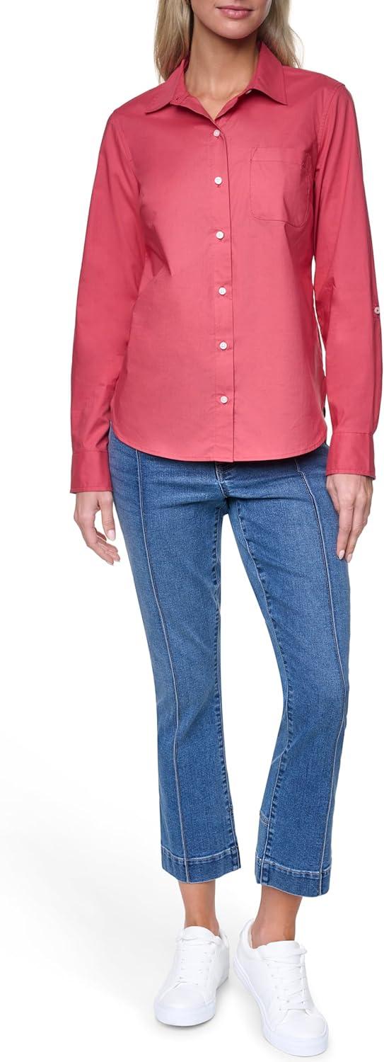imageNautica Womens Button Front Long Sleeve Roll Tab ShirtMineral Red
