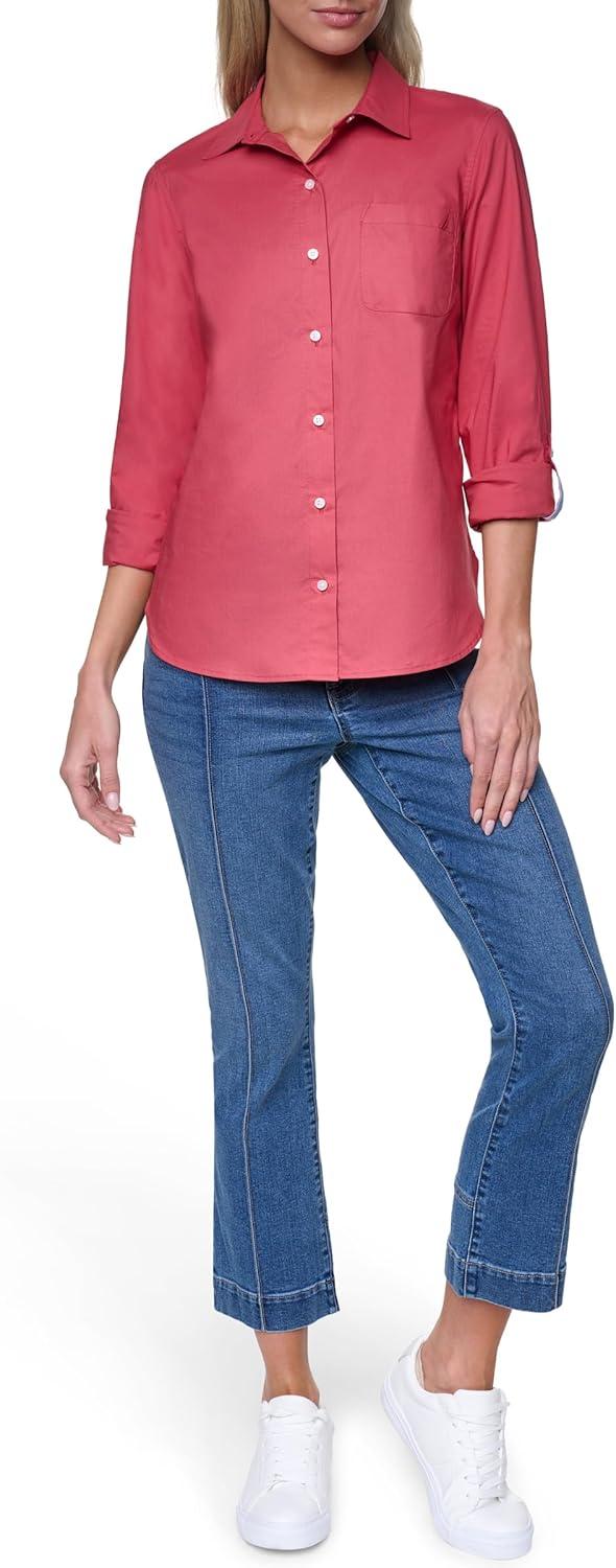 imageNautica Womens Button Front Long Sleeve Roll Tab ShirtMineral Red
