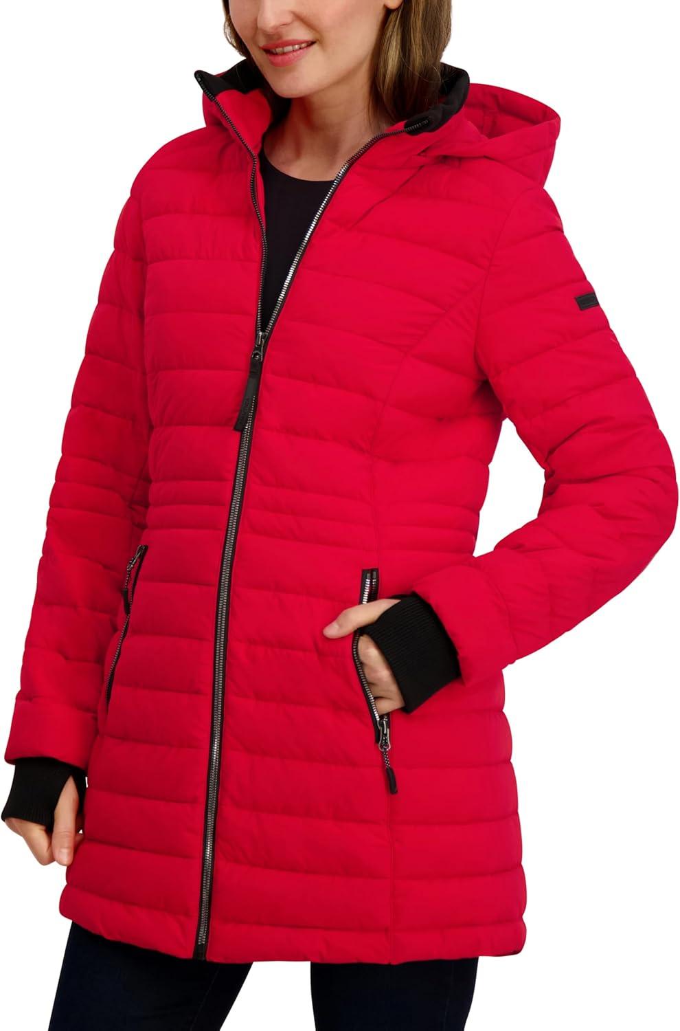 imageNautica Womens Lt Down Jacket with Hood 34 LengthNautica Red