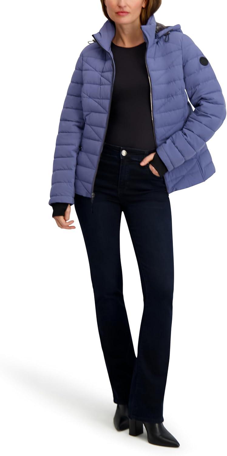 imageNautica Womens Mechanical Stretch Puffer Jacketdetachable Faux Fur Hood amp Storm CuffsBlue