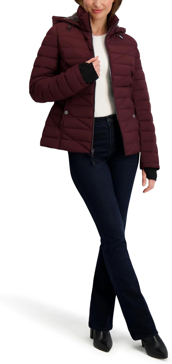 imageNautica Womens Mechanical Stretch Puffer Jacketdetachable Faux Fur Hood amp Storm CuffsChianti