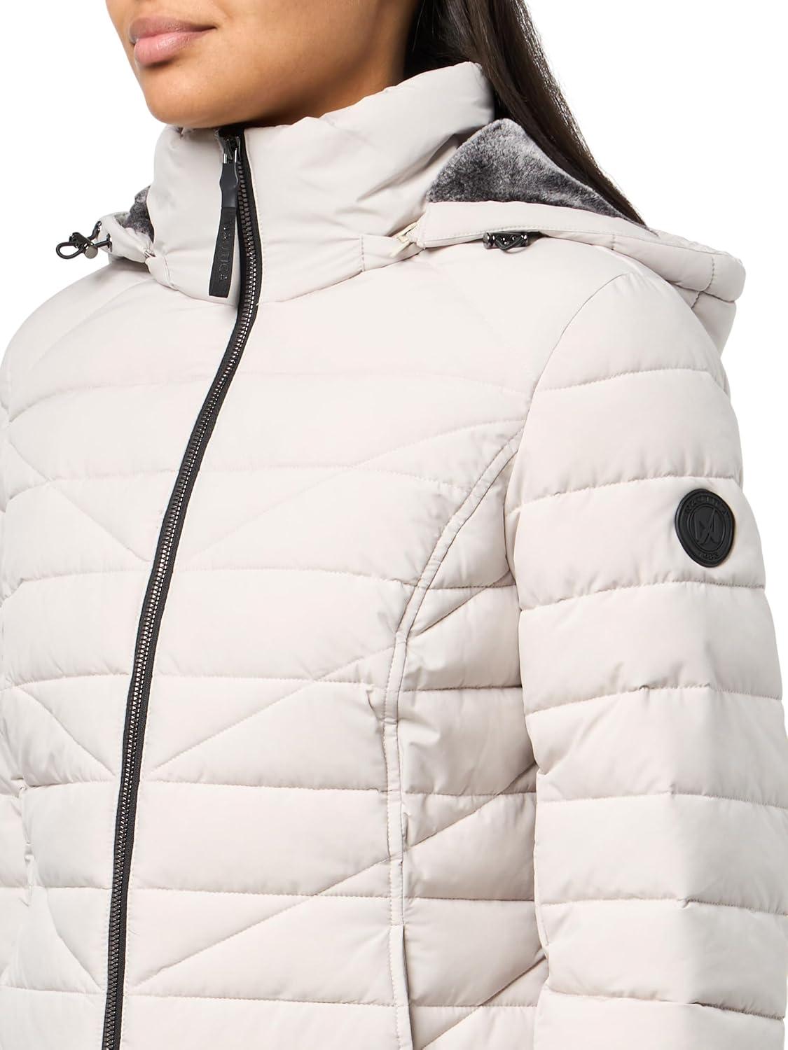 imageNautica Womens Mechanical Stretch Puffer Jacketdetachable Faux Fur Hood amp Storm CuffsLimestone