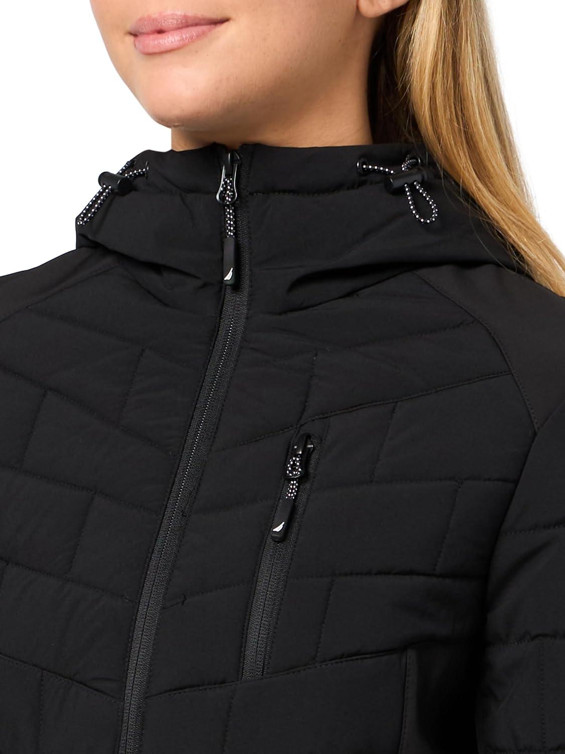 imageNautica Womens Mechanical Stretch Softshell Jacket Waterresistant Midweight Coat Attached HoodBlack