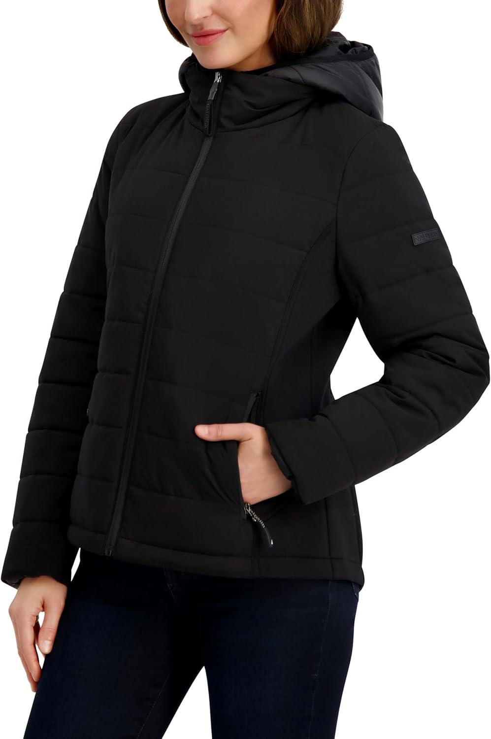 imageNautica Womens Nautica Womens Stretch Hybrid Puffer Jacket Short Winter Coat With BibCaviar Black