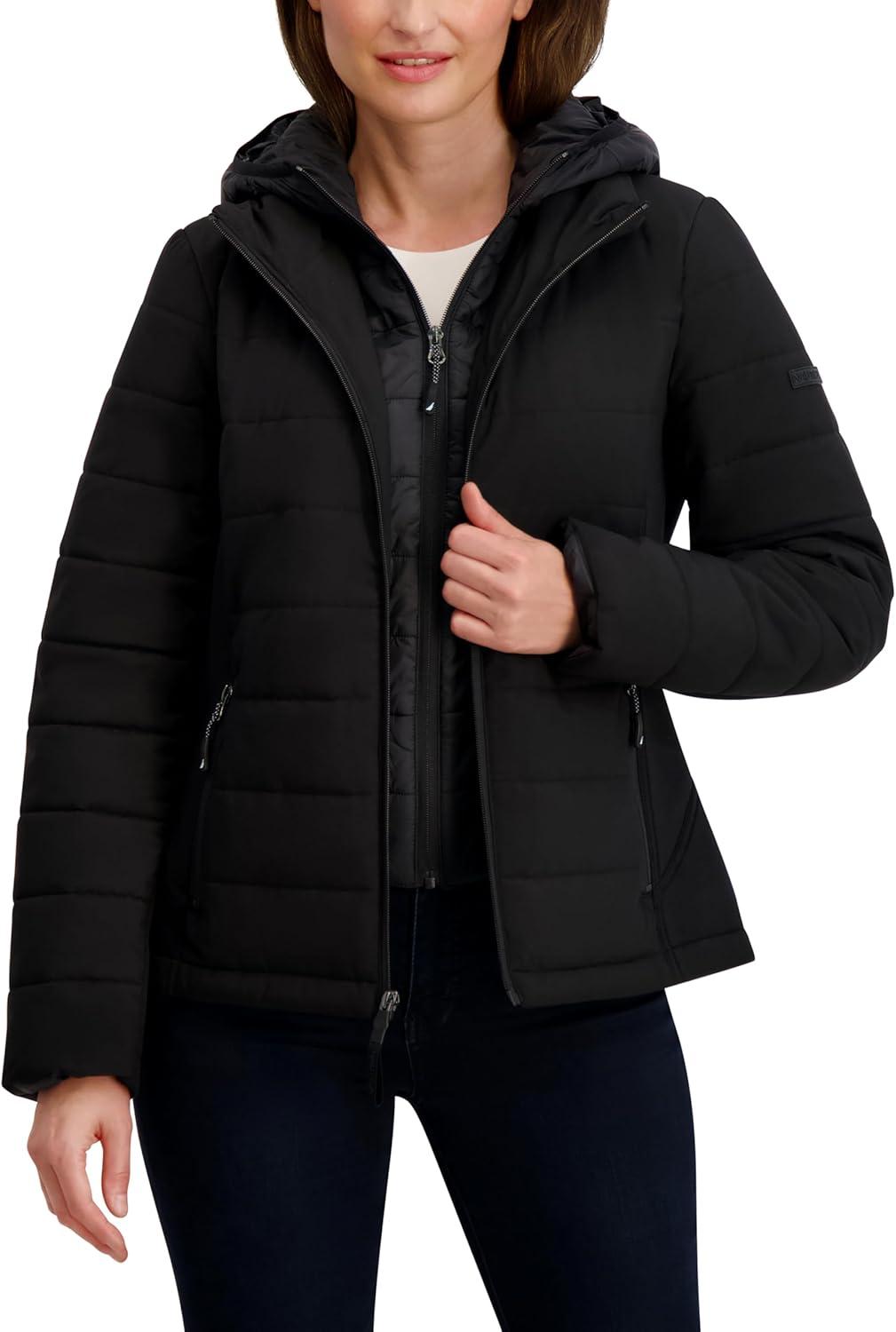 imageNautica Womens Nautica Womens Stretch Hybrid Puffer Jacket Short Winter Coat With BibCaviar Black
