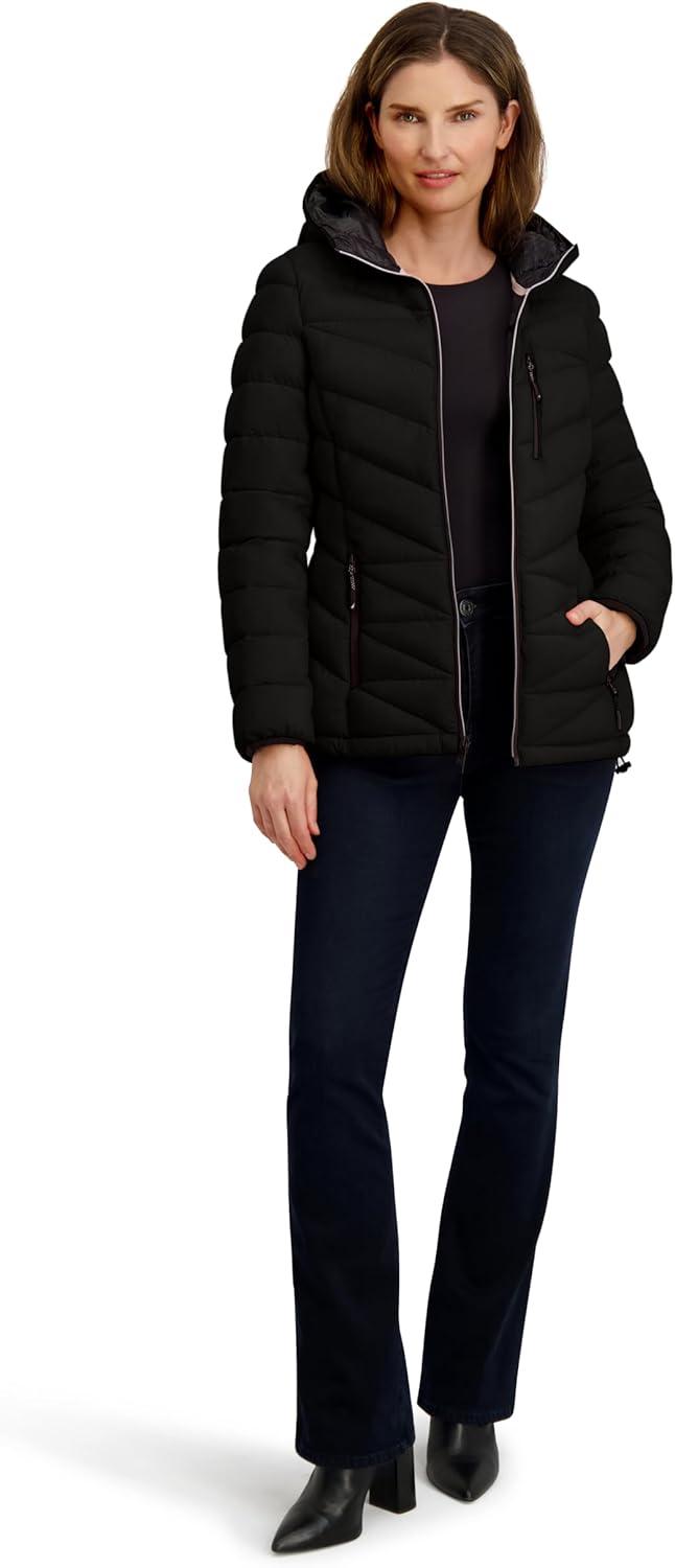 imageNautica Womens Packable Stretch Puffer Jacket Midweight Waterresistant Coat Adjustable HemBlack