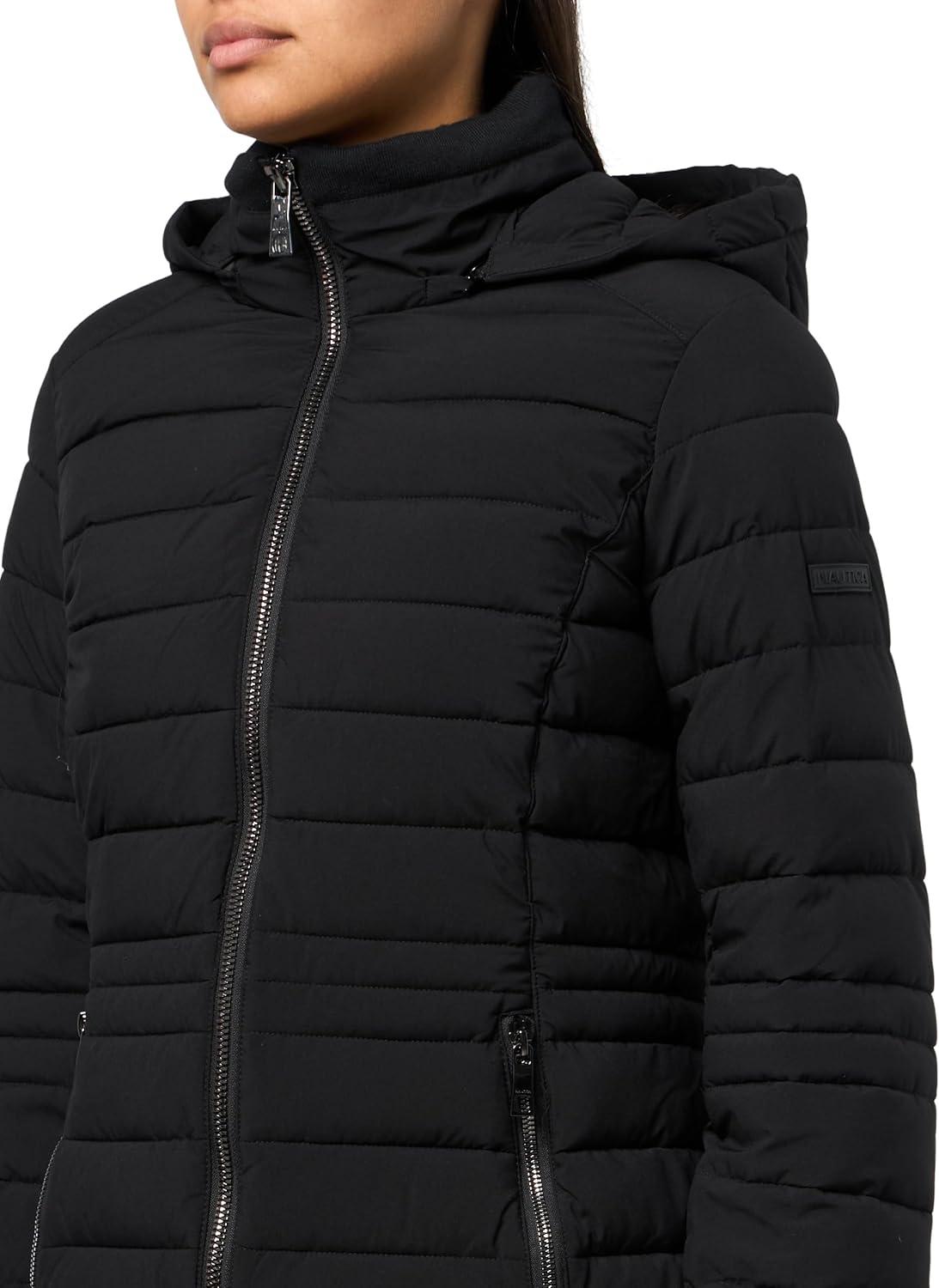 imageNautica Womens Short Puffer Coat with Faur Fur Trim HoodBlack