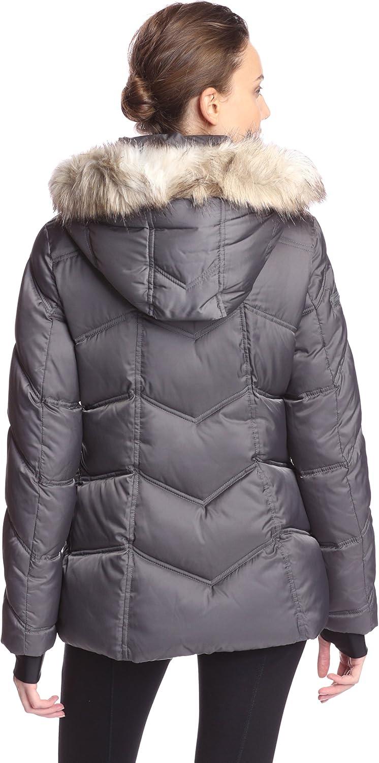 imageNautica Womens Short Puffer Coat with Faur Fur Trim HoodChrome