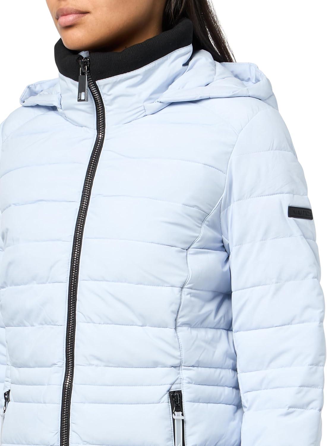 imageNautica Womens Short Puffer Coat with Faur Fur Trim HoodHeather Blue