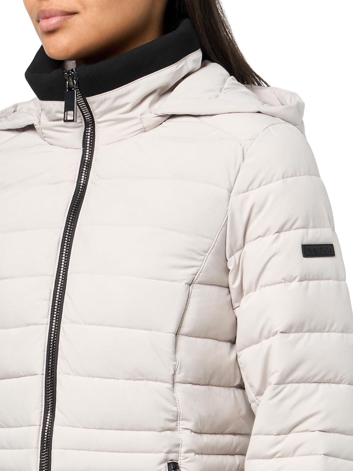 imageNautica Womens Short Puffer Coat with Faur Fur Trim HoodLimestone