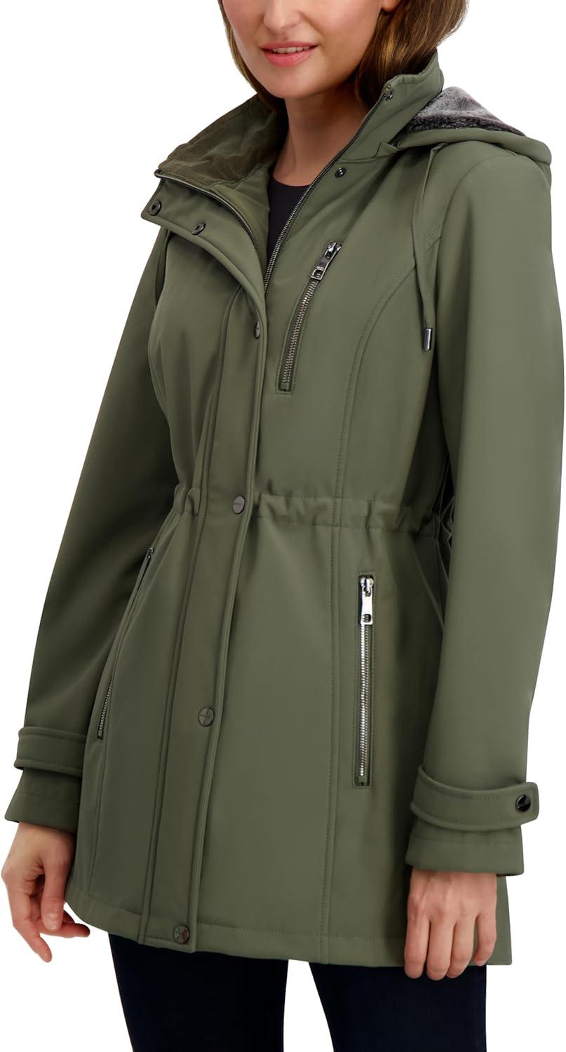 imageNautica Womens Softshell Jacket WaterResistant Transitional Coat Faux Fur Hood Adjustable WaistSage