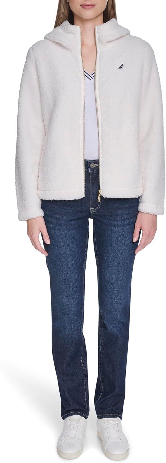 imageNautica Womens Solid Sherpa Zipup Hoodie JacketSoft Ivory