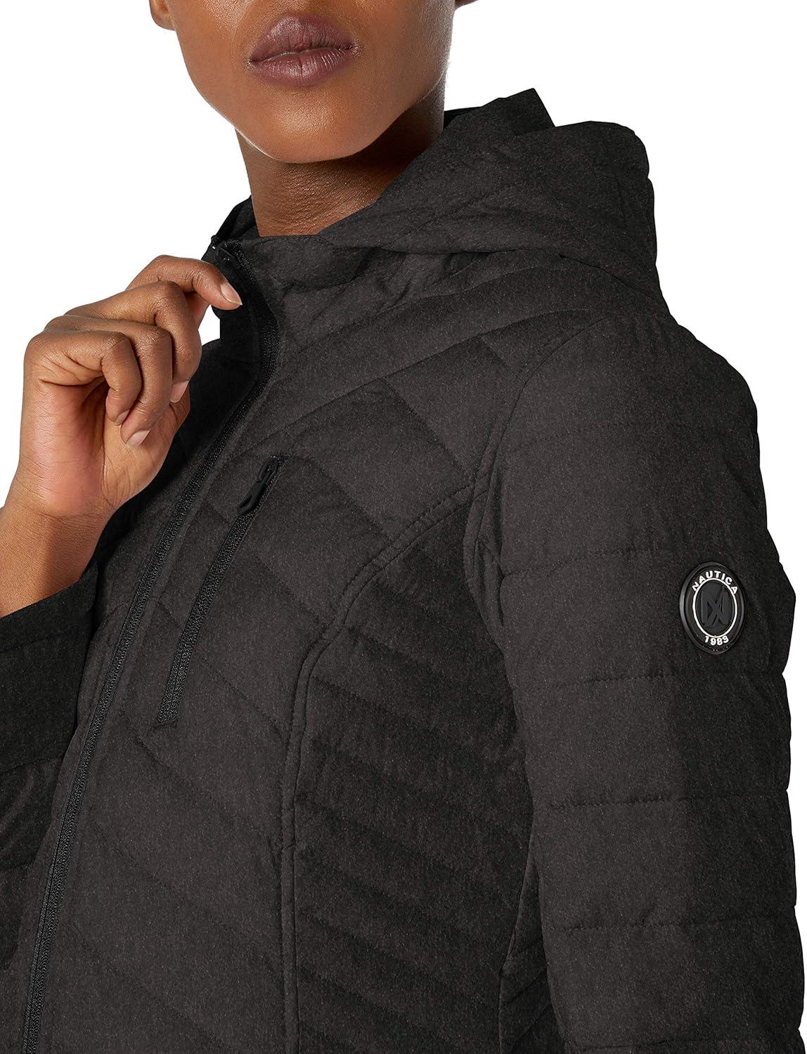 imageNautica Womens Stretch Puffer Jacket Midweight Winter Coat Detachable Faux Fur Lined HoodCharcoal