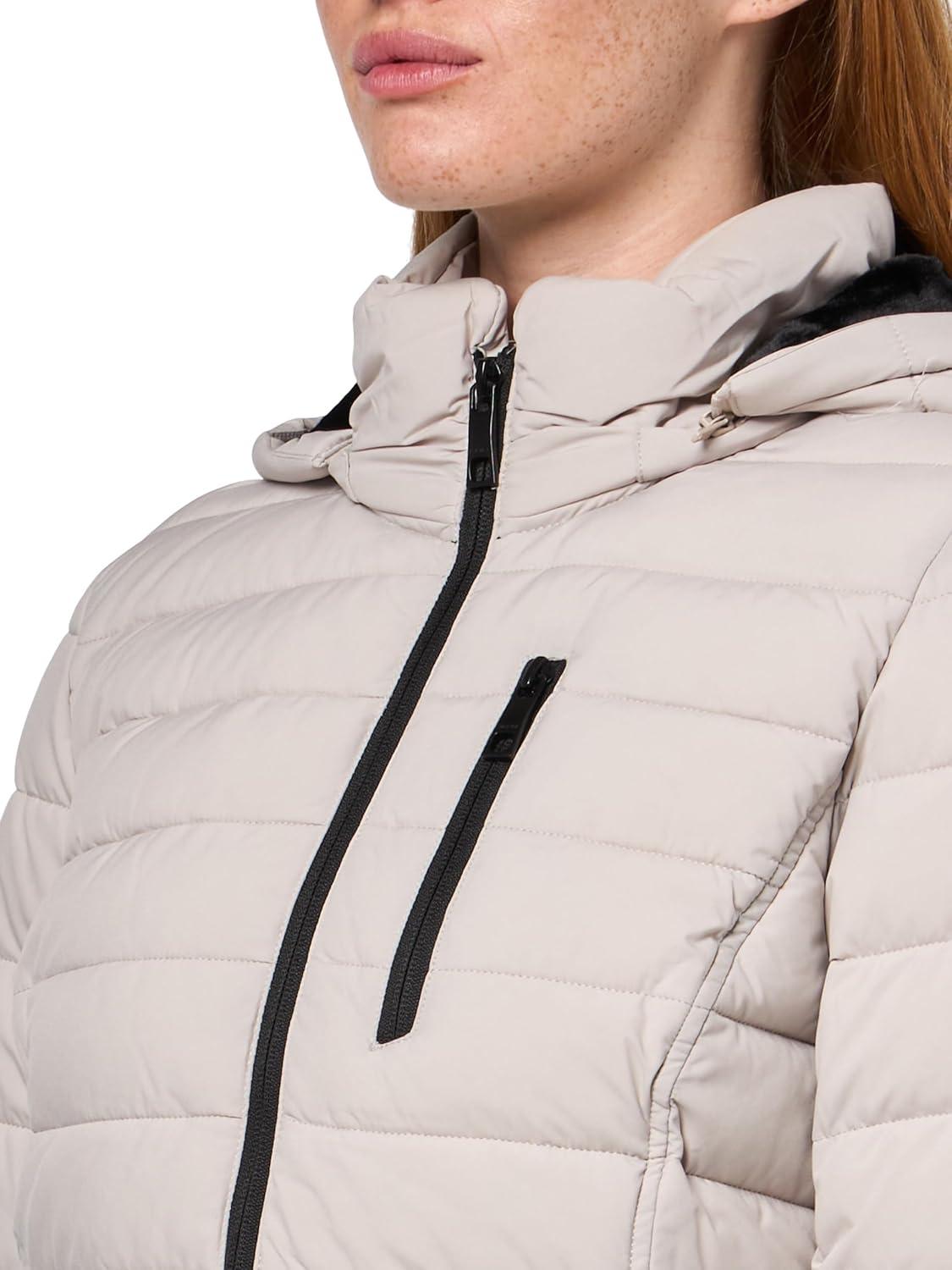 imageNautica Womens Stretch Puffer Jacket Midweight Winter Coat Detachable Faux Fur Lined HoodLimestone