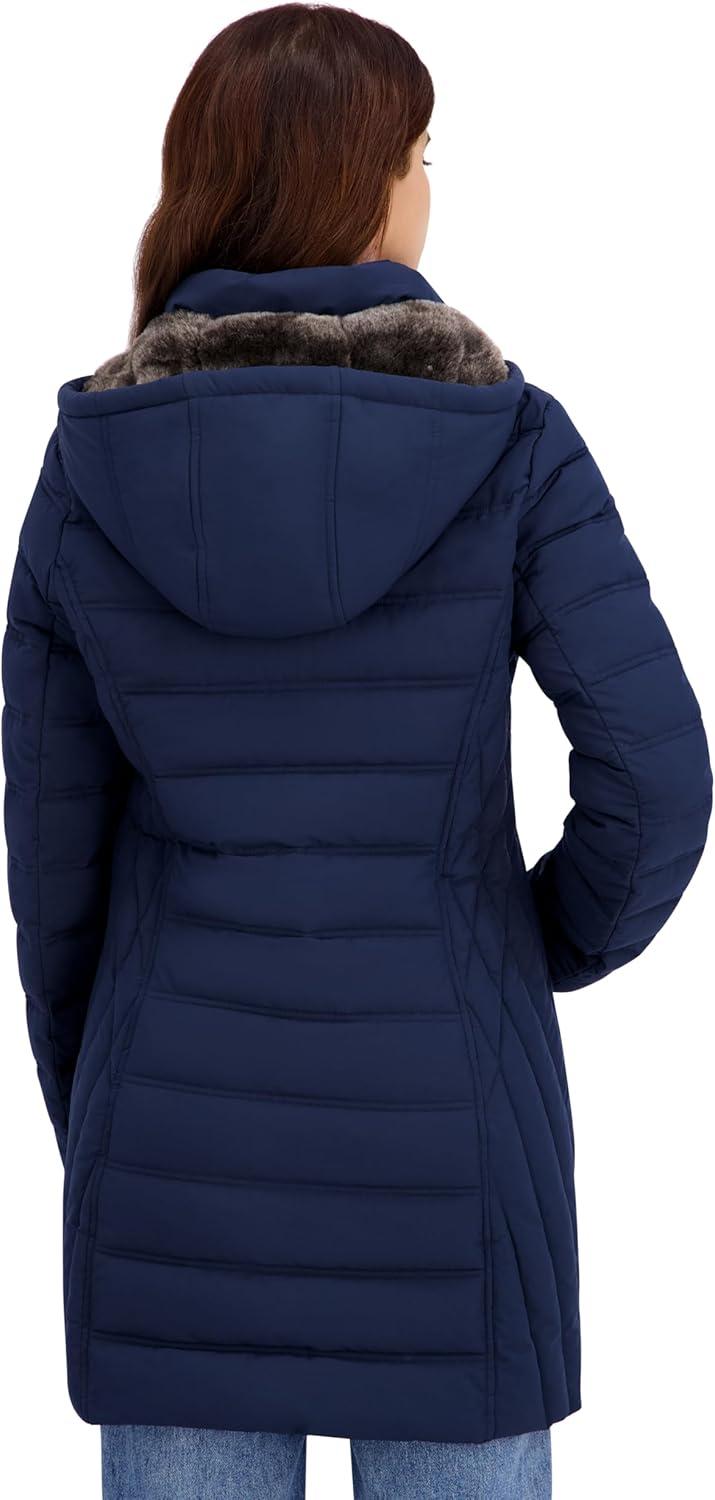 imageNautica Womens Stretch Puffer Jacket Faux Fur Lined Hood Wind amp Waterresistant Winter CoatNavy Seas