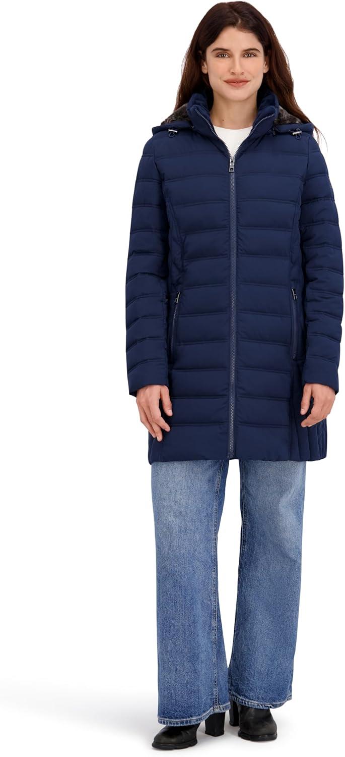 imageNautica Womens Stretch Puffer Jacket Faux Fur Lined Hood Wind amp Waterresistant Winter CoatNavy Seas