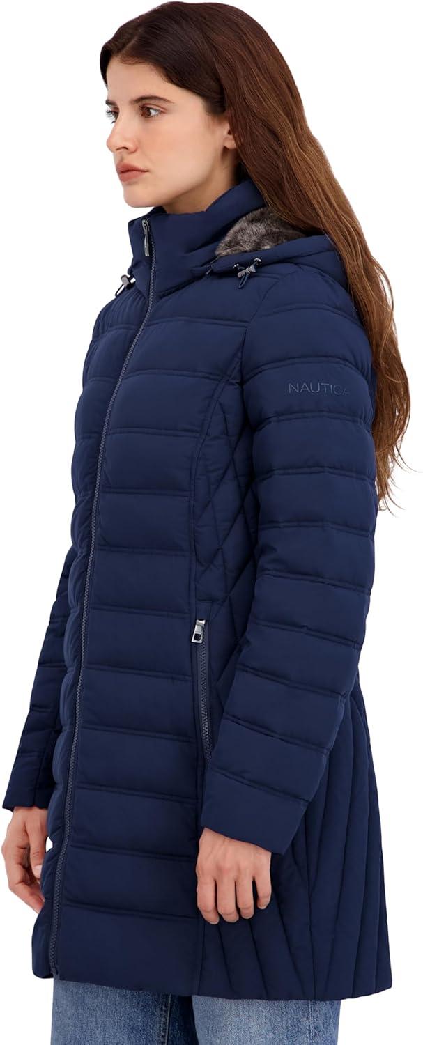imageNautica Womens Stretch Puffer Jacket Faux Fur Lined Hood Wind amp Waterresistant Winter CoatNavy Seas