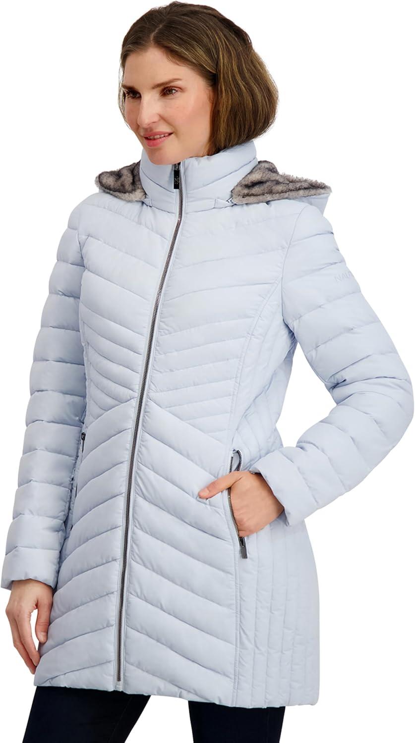 imageNautica Womens Stretch Puffer Jacket Wind amp Waterresistant Winter Coat Faux Fur Lined HoodBlue