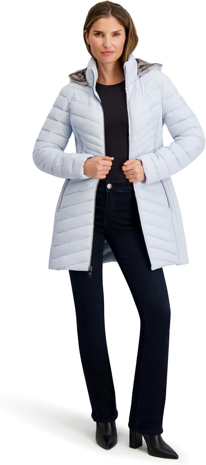 imageNautica Womens Stretch Puffer Jacket Wind amp Waterresistant Winter Coat Faux Fur Lined HoodBlue