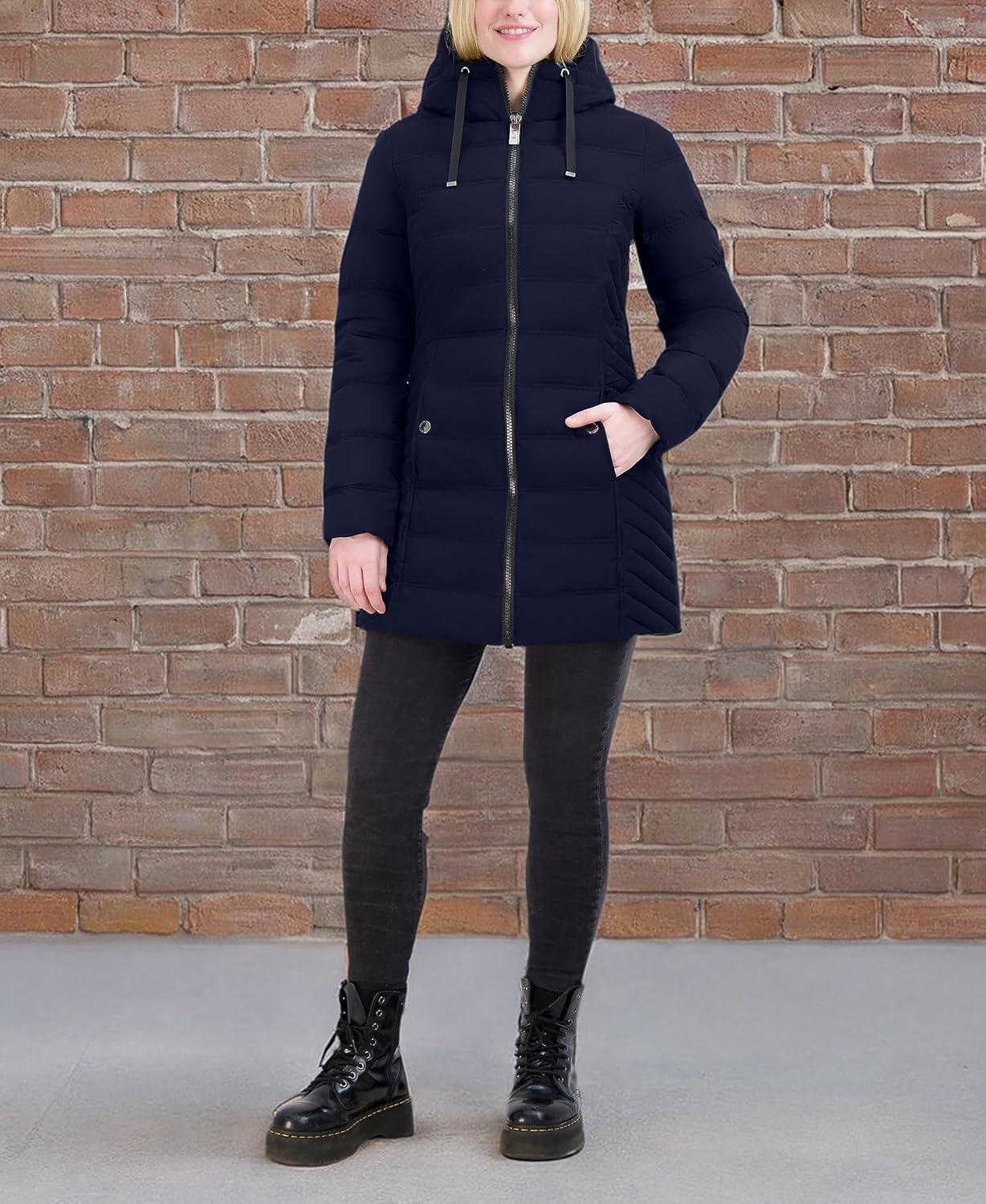 imageNautica Womens Stretch Puffer Jacket With Faux Fur Lined Hood Wind amp Waterresistant Winter CoatBlue