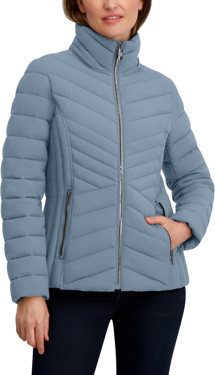 imageNautica Womens Stretch Puffer Jacket detachable Faux Fur Hood Midweight Waterresistant CoatBlue