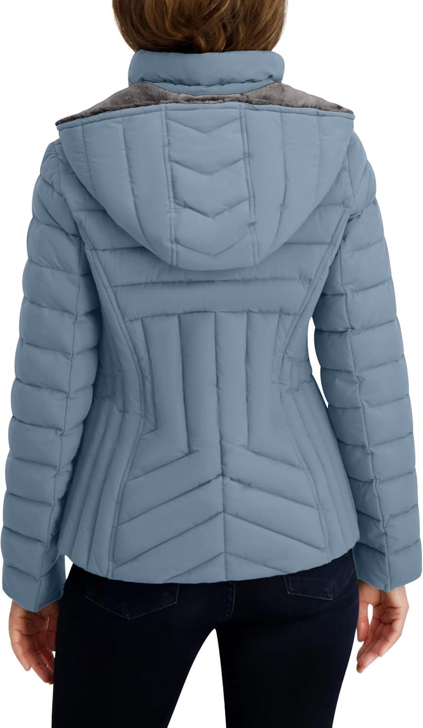 imageNautica Womens Stretch Puffer Jacket detachable Faux Fur Hood Midweight Waterresistant CoatBlue