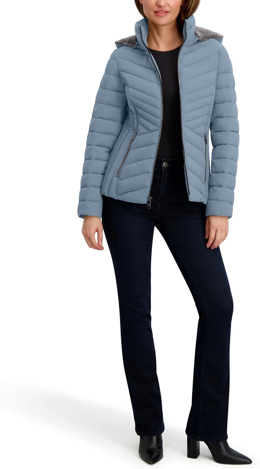 imageNautica Womens Stretch Puffer Jacket detachable Faux Fur Hood Midweight Waterresistant CoatBlue