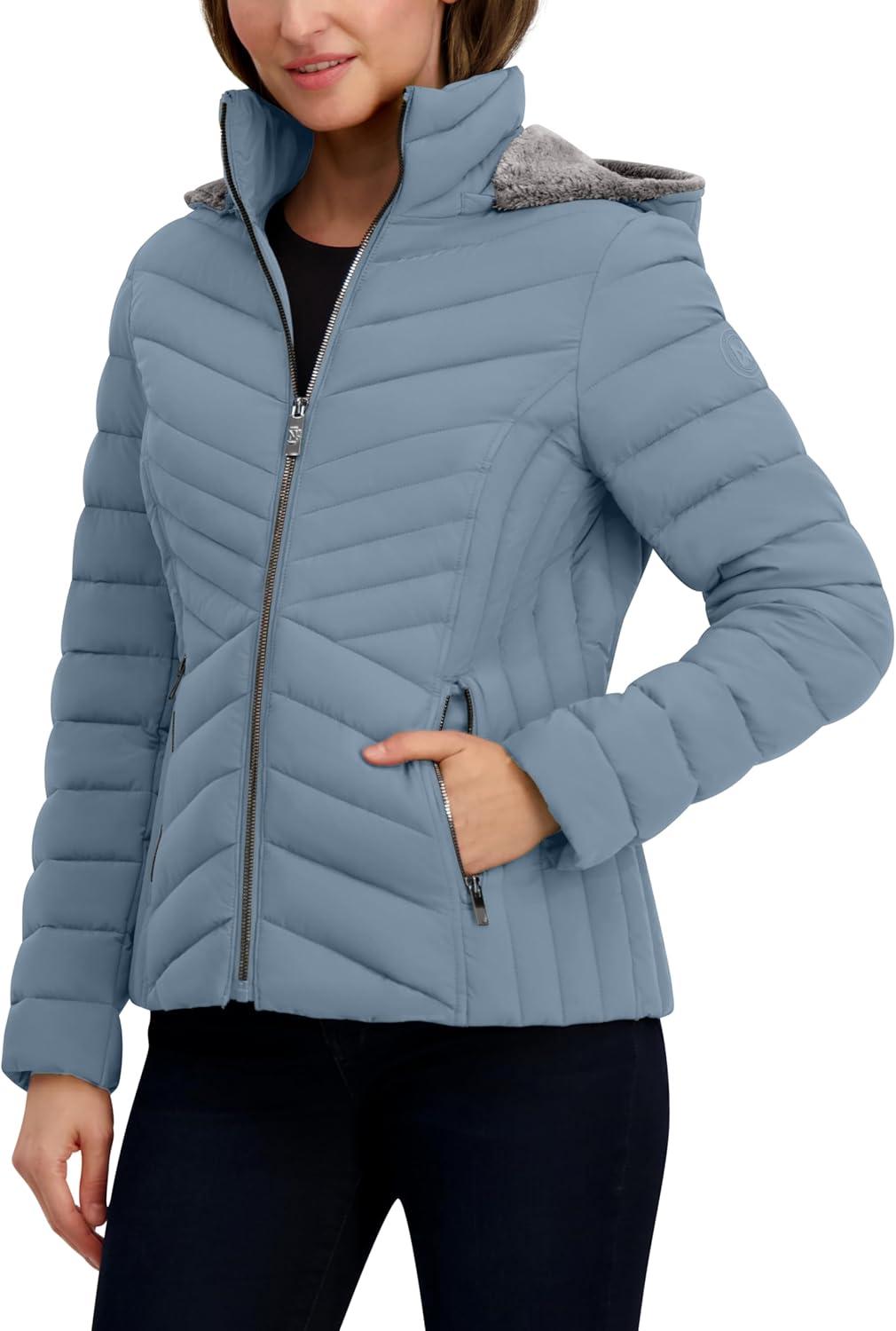 imageNautica Womens Stretch Puffer Jacket detachable Faux Fur Hood Midweight Waterresistant CoatBlue
