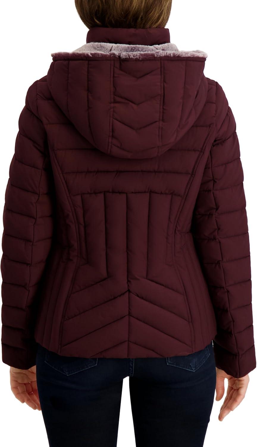 imageNautica Womens Stretch Puffer Jacket detachable Faux Fur Hood Midweight Waterresistant CoatChianti