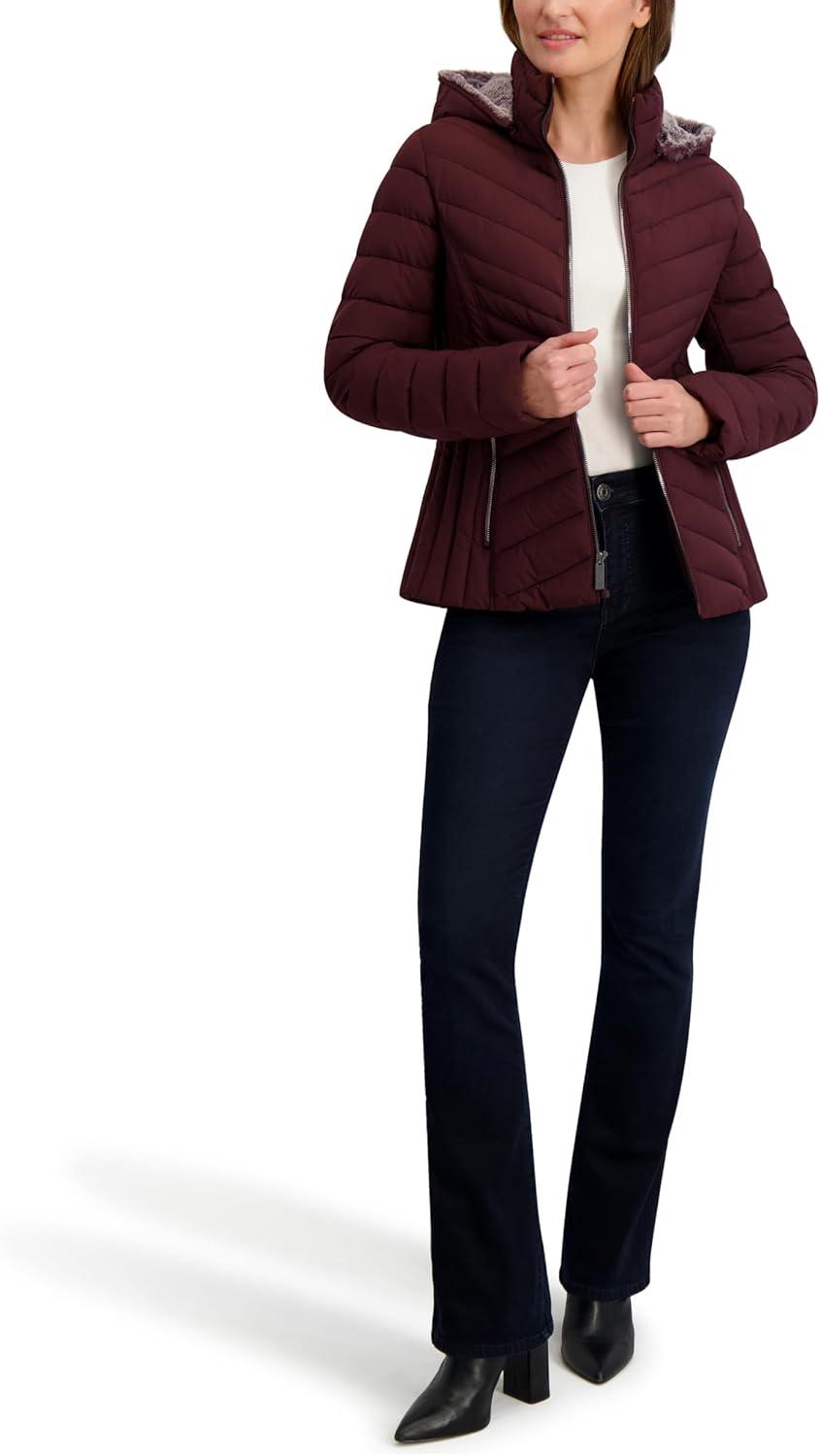 imageNautica Womens Stretch Puffer Jacket detachable Faux Fur Hood Midweight Waterresistant CoatChianti