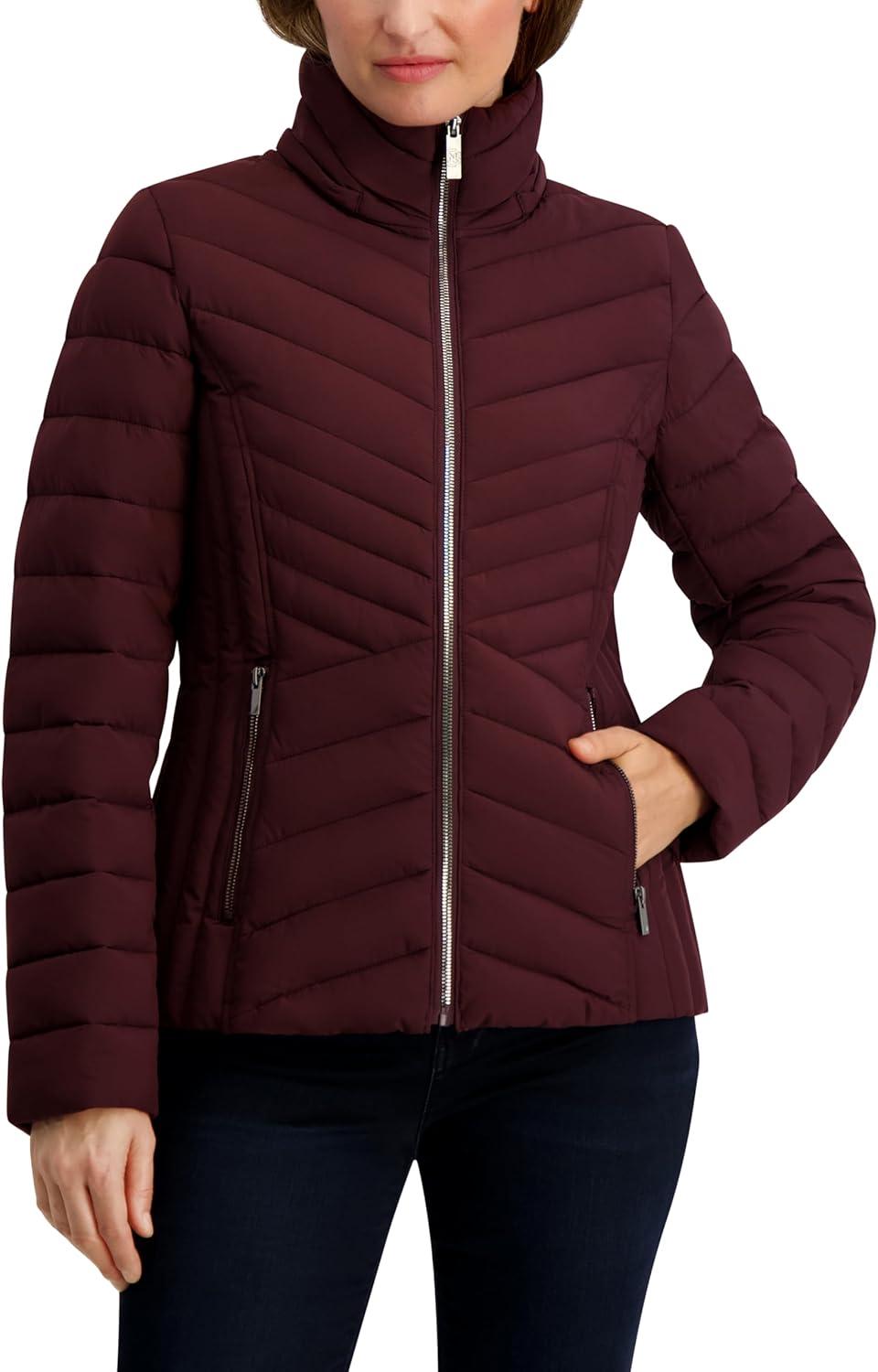 imageNautica Womens Stretch Puffer Jacket detachable Faux Fur Hood Midweight Waterresistant CoatChianti