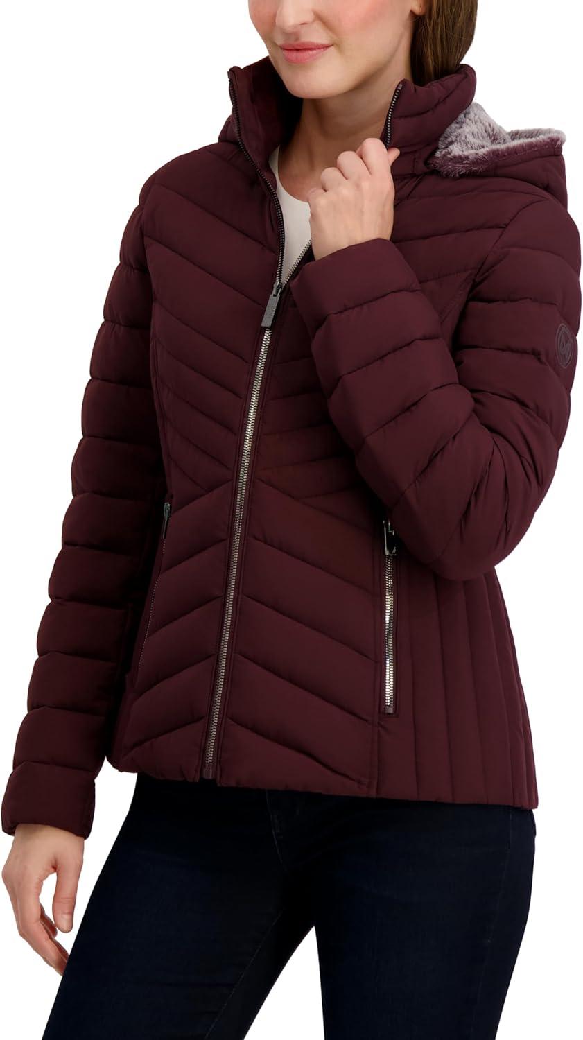 imageNautica Womens Stretch Puffer Jacket detachable Faux Fur Hood Midweight Waterresistant CoatChianti