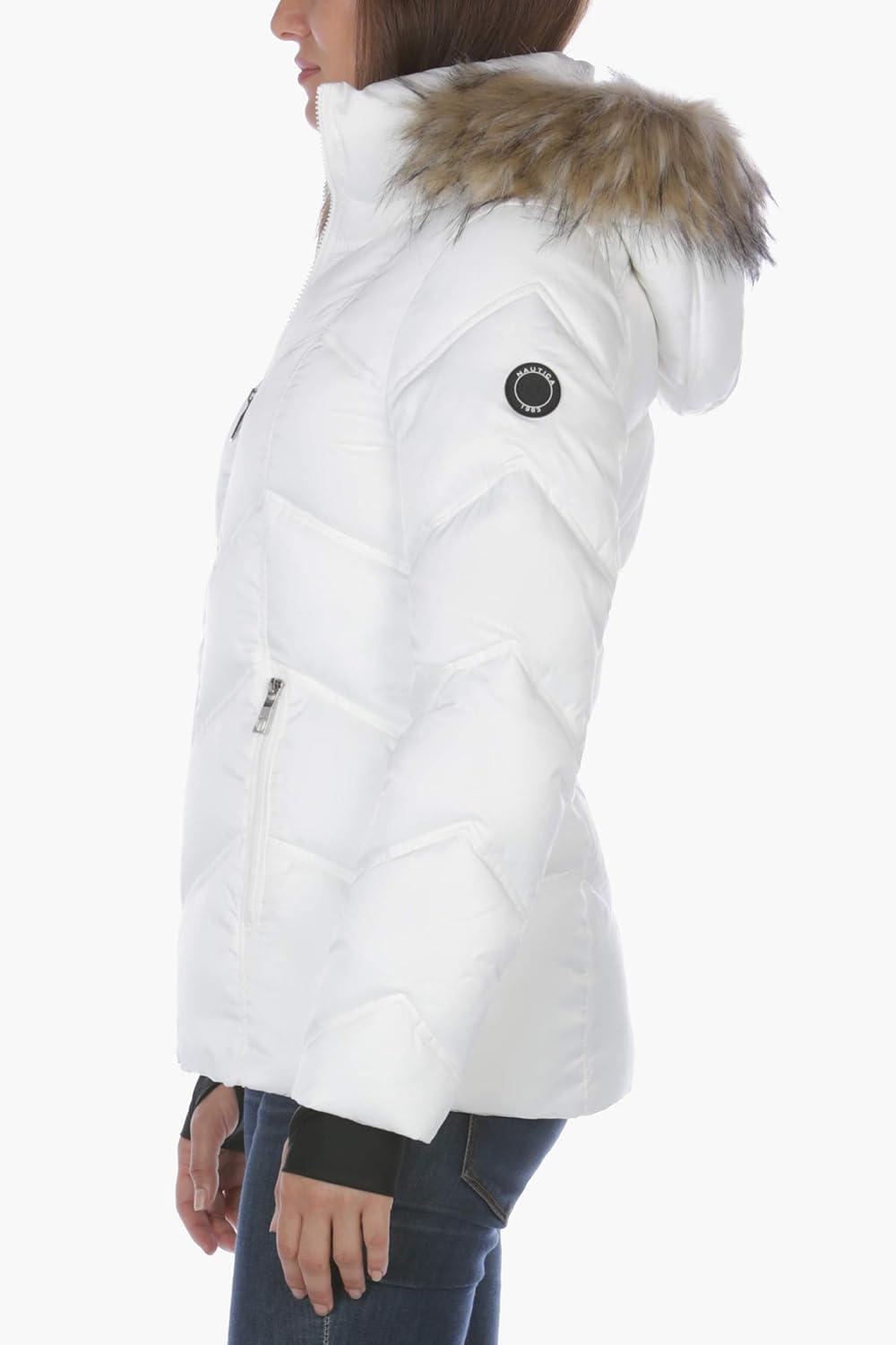 imageNautica Womens Stretch Puffer Jacket detachable Faux Fur Hood Midweight Waterresistant CoatMarshmallow