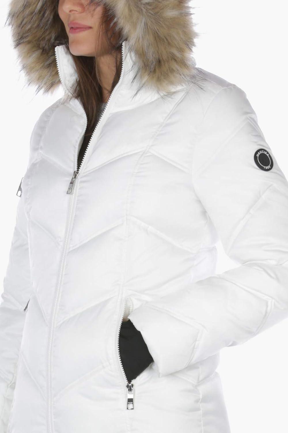 imageNautica Womens Stretch Puffer Jacket detachable Faux Fur Hood Midweight Waterresistant CoatMarshmallow