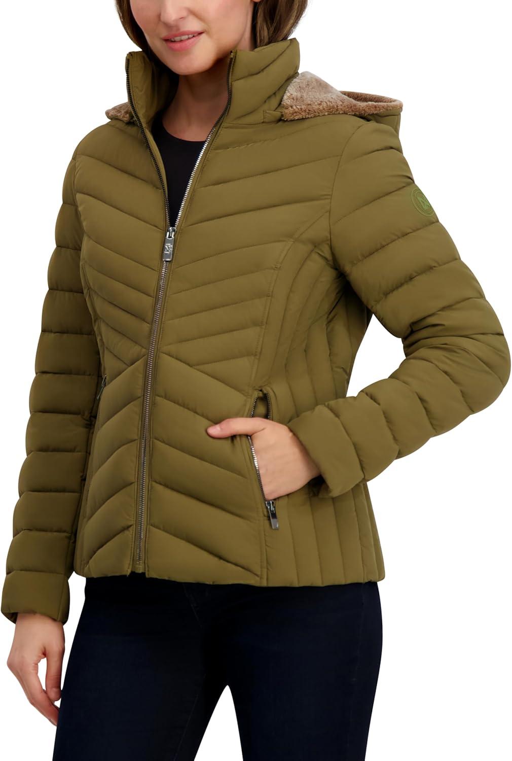 imageNautica Womens Stretch Puffer Jacket detachable Faux Fur Hood Midweight Waterresistant CoatOlive