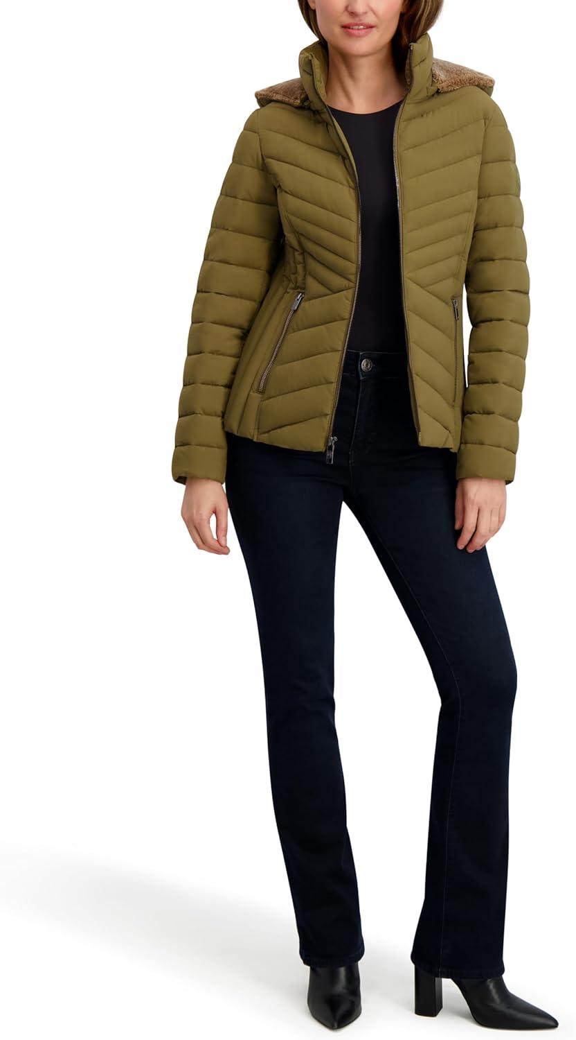 imageNautica Womens Stretch Puffer Jacket detachable Faux Fur Hood Midweight Waterresistant CoatOlive