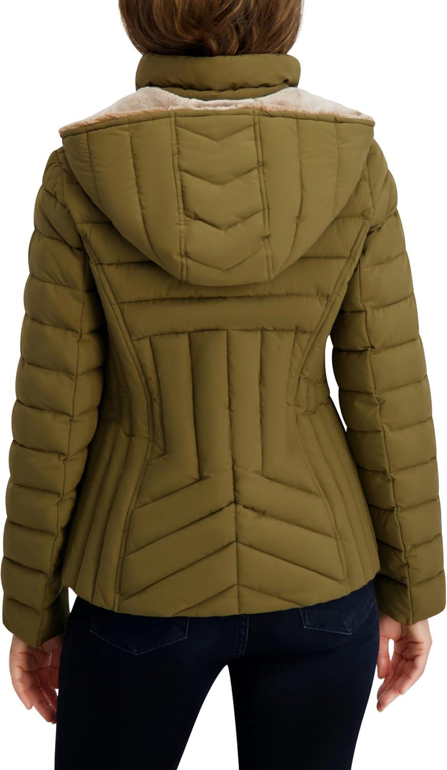 imageNautica Womens Stretch Puffer Jacket detachable Faux Fur Hood Midweight Waterresistant CoatOlive