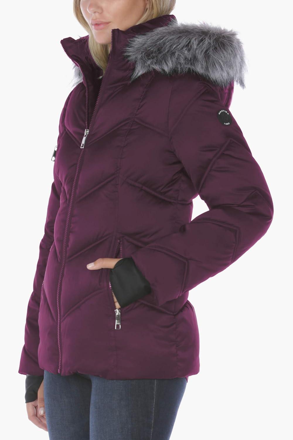 imageNautica Womens Stretch Puffer Jacket detachable Faux Fur Hood Midweight Waterresistant CoatPurple