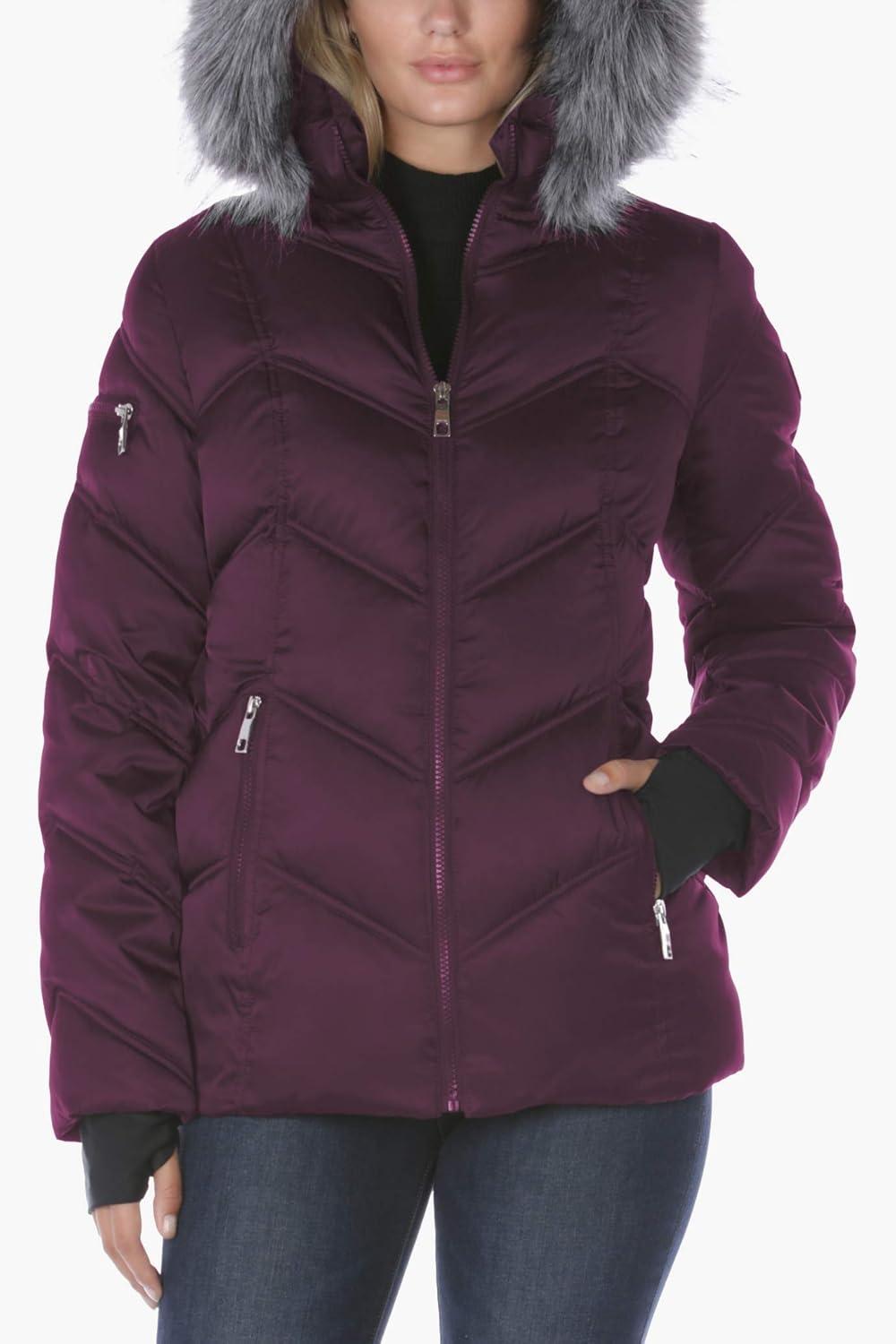 imageNautica Womens Stretch Puffer Jacket detachable Faux Fur Hood Midweight Waterresistant CoatPurple