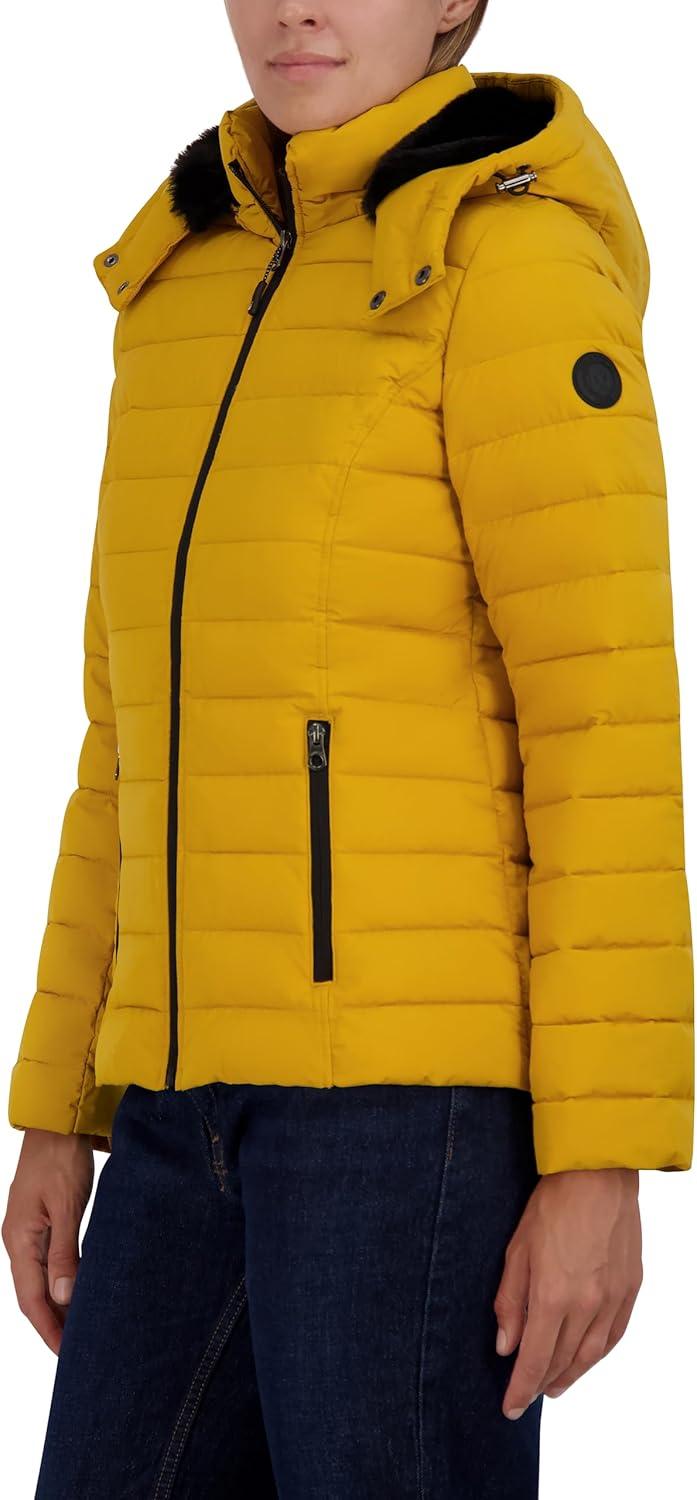 imageNautica Womens Stretch Puffer Jacket detachable Faux Fur Hood Midweight Waterresistant CoatYellow