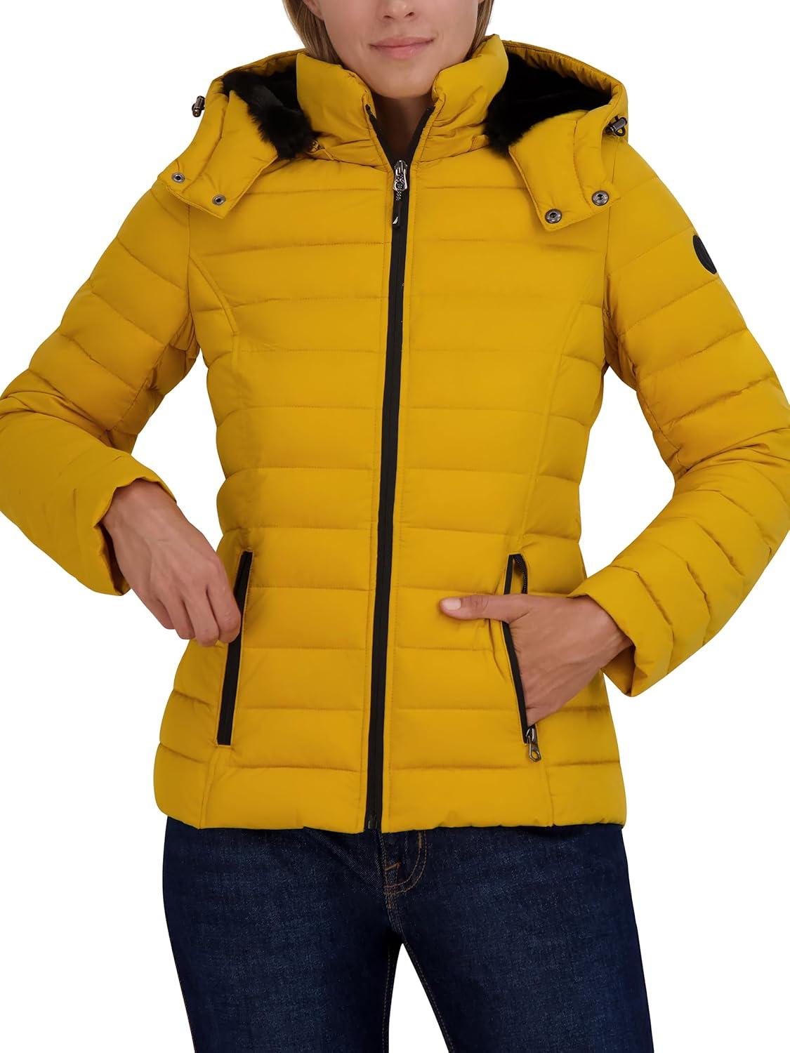 imageNautica Womens Stretch Puffer Jacket detachable Faux Fur Hood Midweight Waterresistant CoatYellow