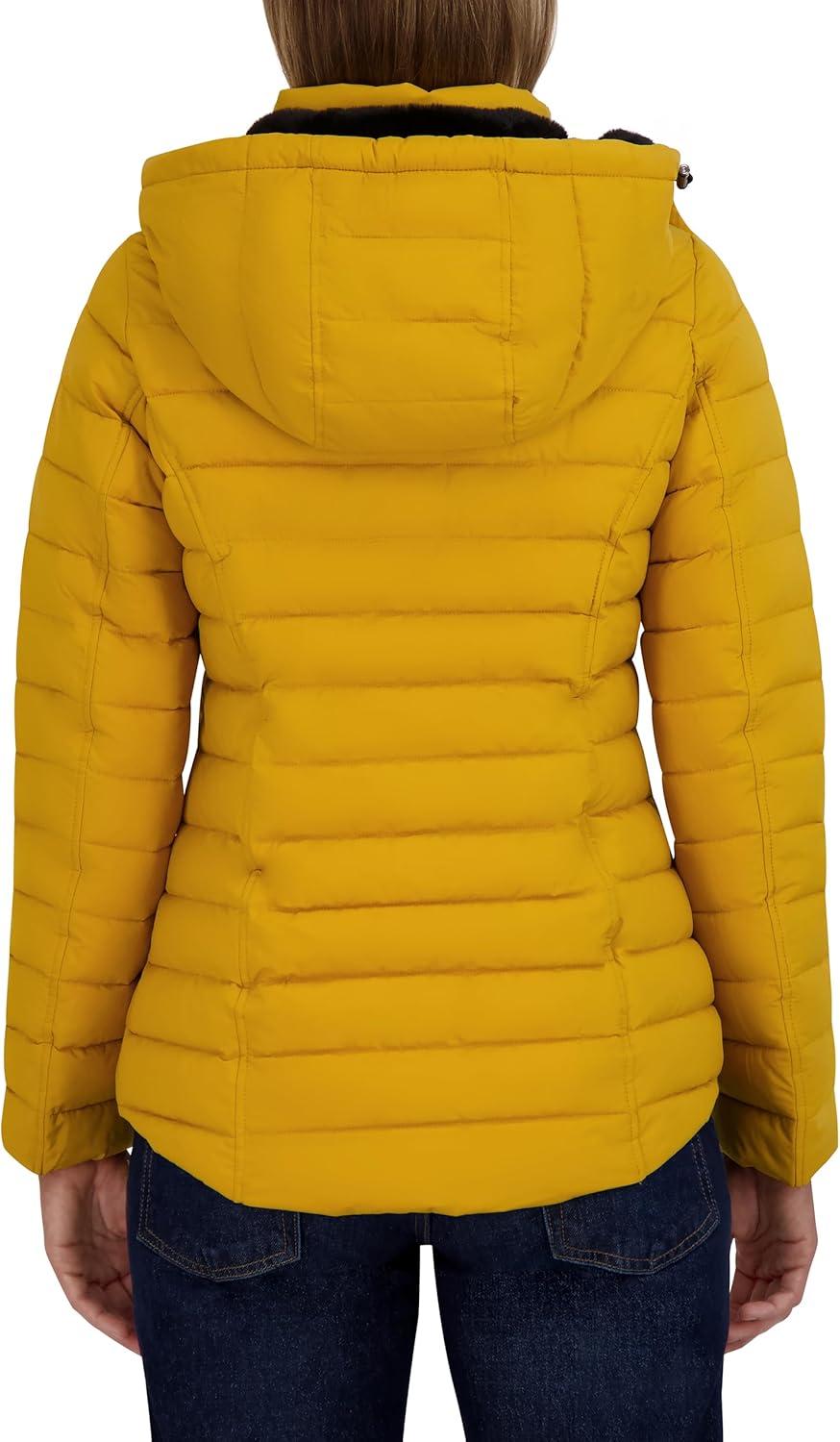 imageNautica Womens Stretch Puffer Jacket detachable Faux Fur Hood Midweight Waterresistant CoatYellow