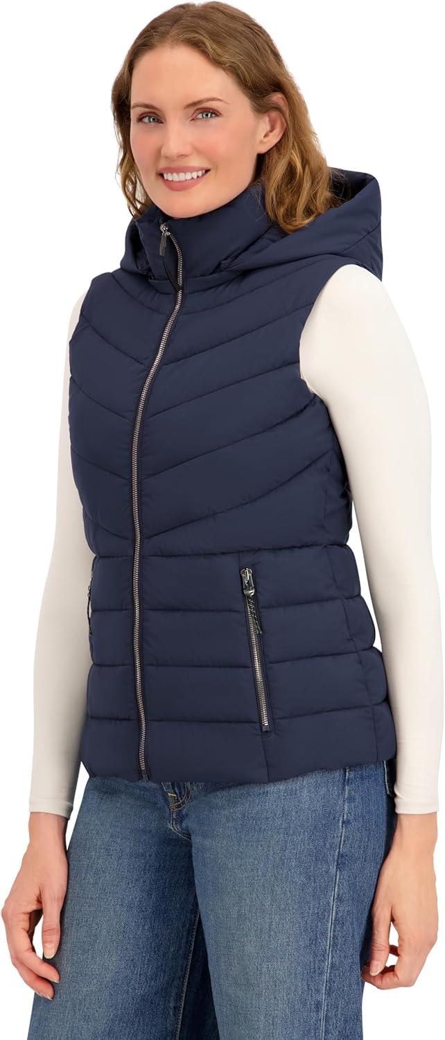 imageNautica Womens Stretch Puffer Vest WaterResistant Transitional Layer with Detachable HoodNavy Seas
