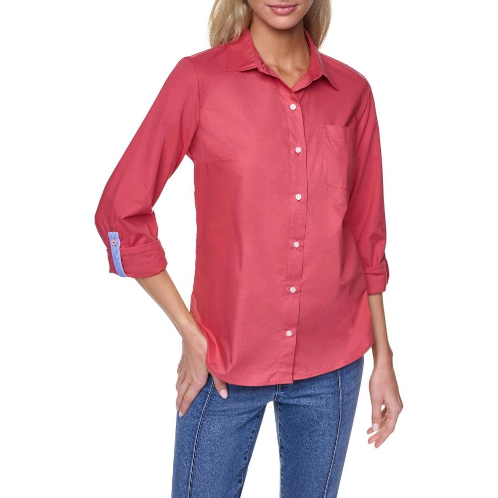 imageNautica Womens Button Front Long Sleeve Roll Tab ShirtMineral Red