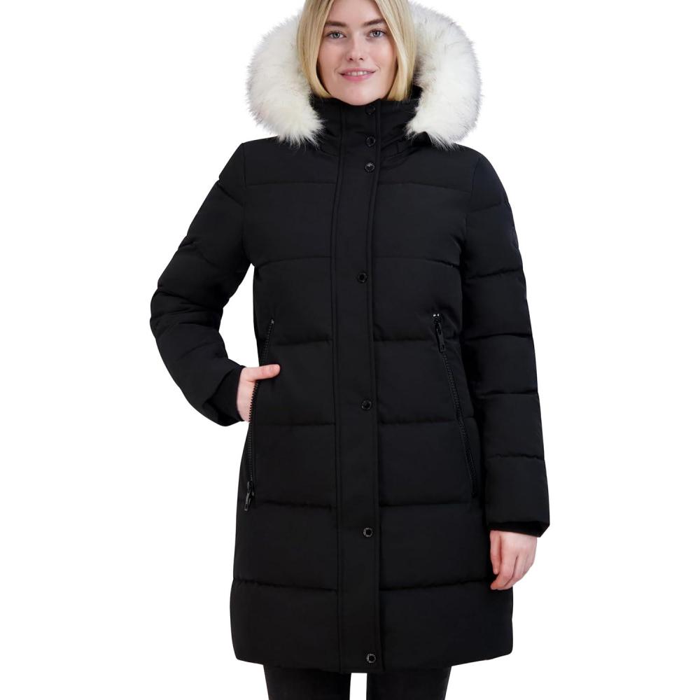 imageNautica Womens Heavyweight Puffer Jacketfaux Furlined Hood Wind Waterresistant Winter CoatBlack