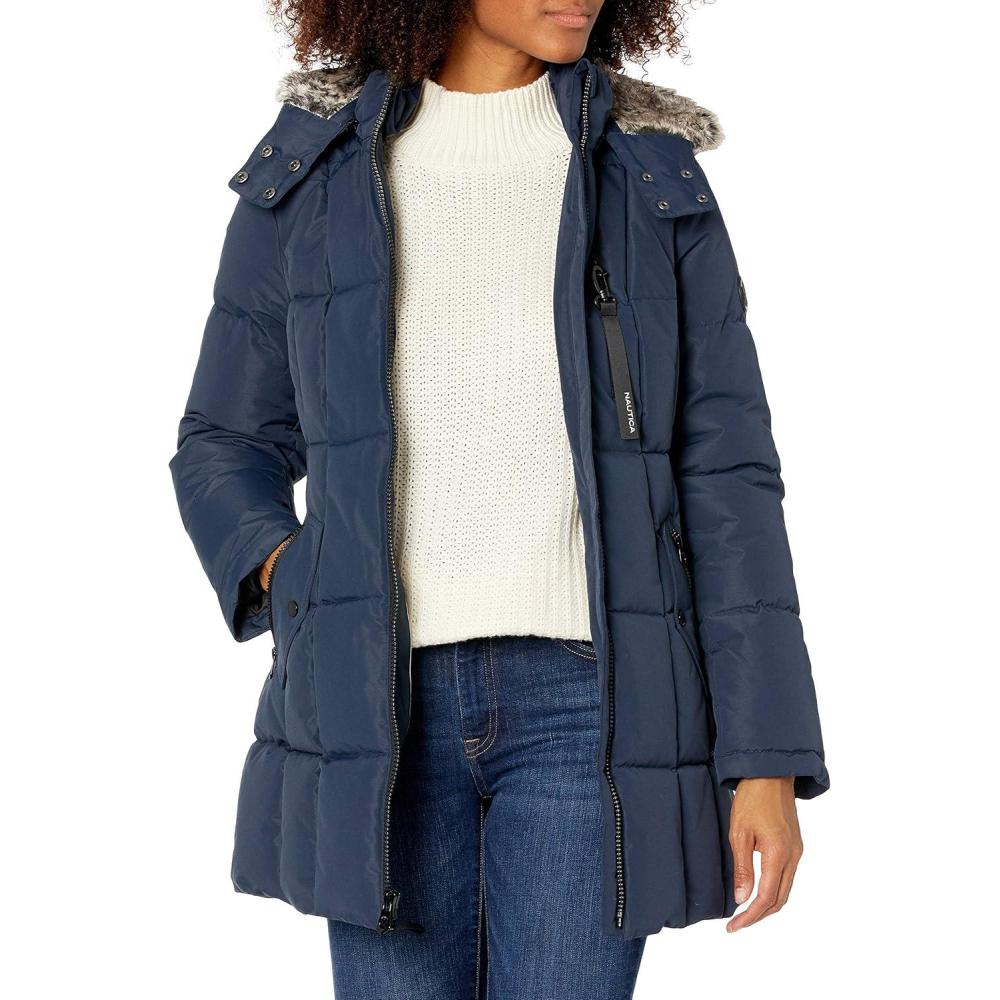 imageNautica Womens Long Stretch Puffer Jacket Heavyweight Winter Coat Hood amp Side OpeningNavy