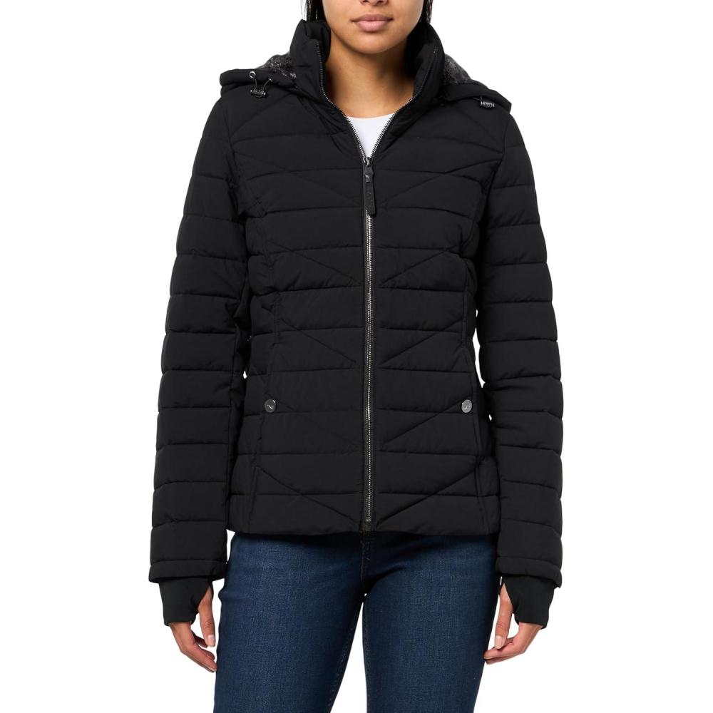 imageNautica Womens Mechanical Stretch Puffer Jacketdetachable Faux Fur Hood amp Storm CuffsBlack